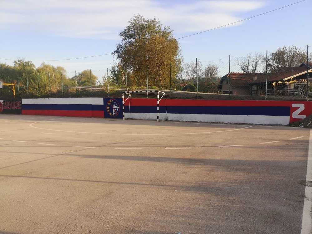 A pro-Russian anti-EU anti-NATO mural on a children's playground in Nis Serbia