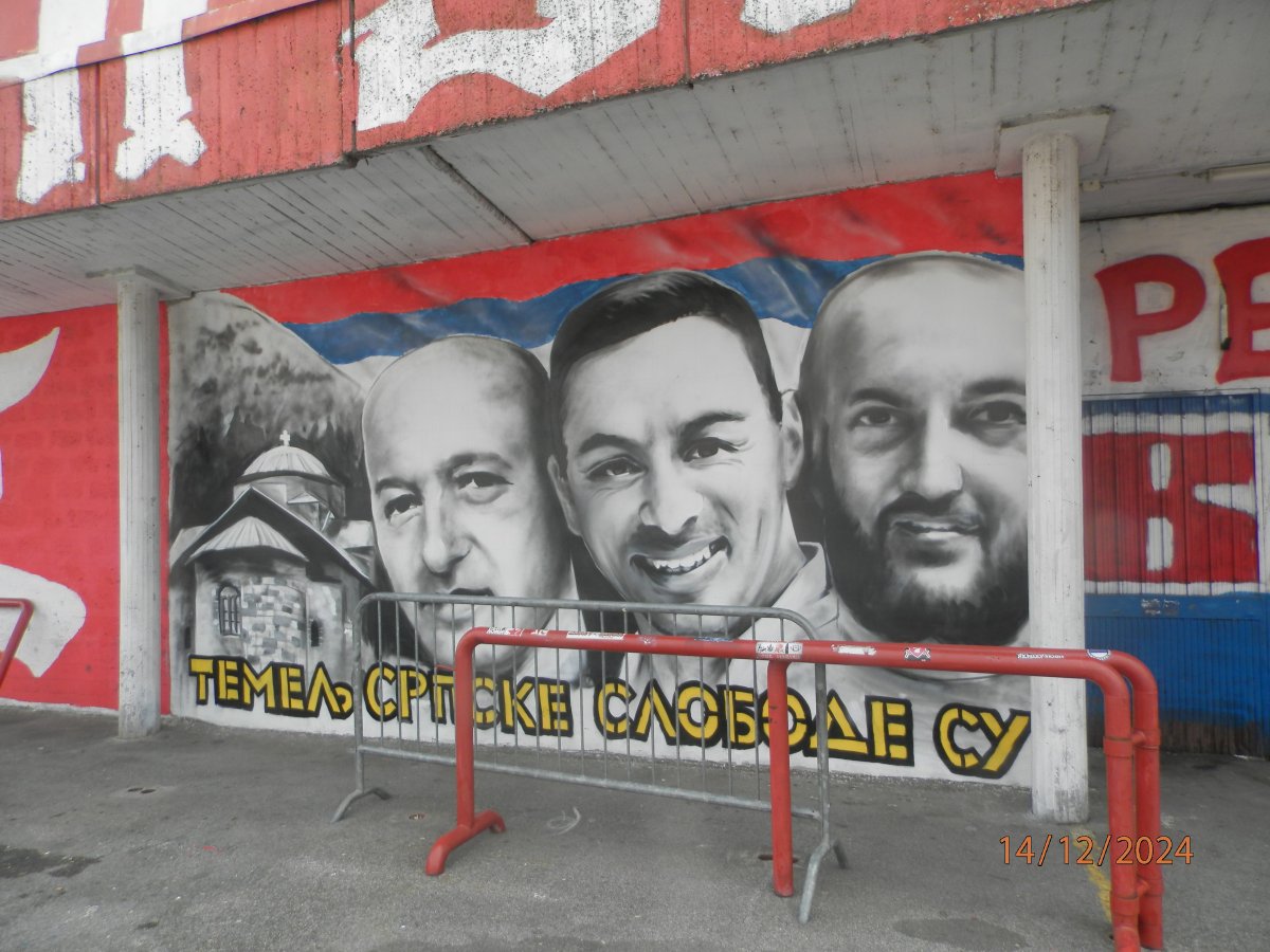 Stadium Rajko Mitic Red Star Belgrade mural depicting the Serbs killed in the Banjska incident 2023