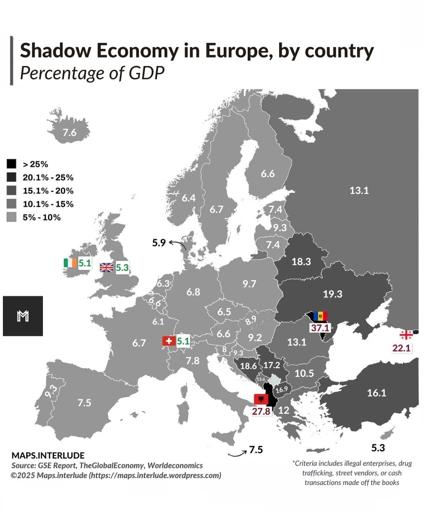 Shadow economy in Europe, by country, percentage of GDP