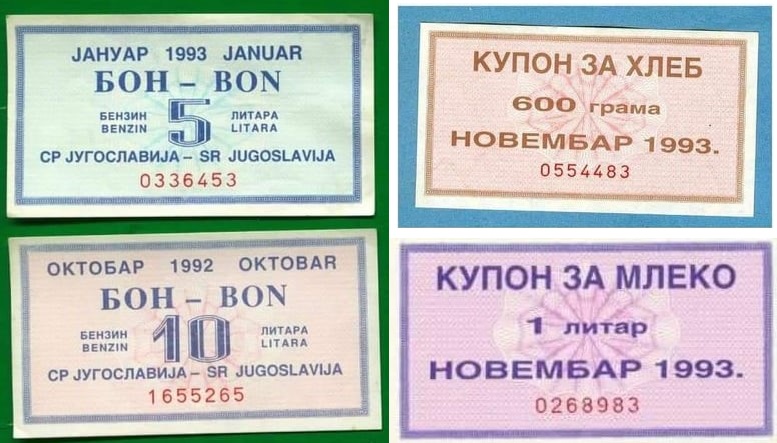Serbian fuel, bread and milk ration coupons from 1992 and 1993