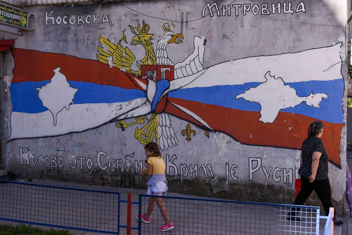 Northern Kosovska Mitrovica Kosovo Serbian Russian nationalist graffiti