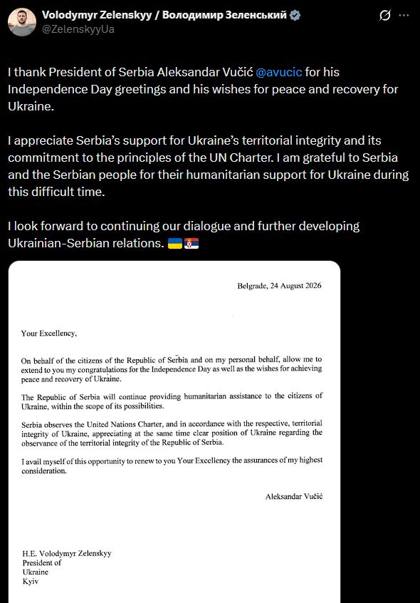 Zelenskyy Serbia X post